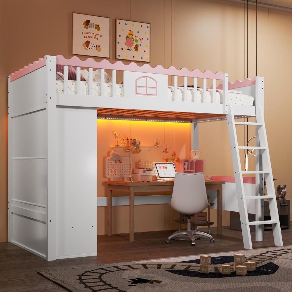 Cama mezanino infantil 90x200cm com LED, armário e gaveta, branco