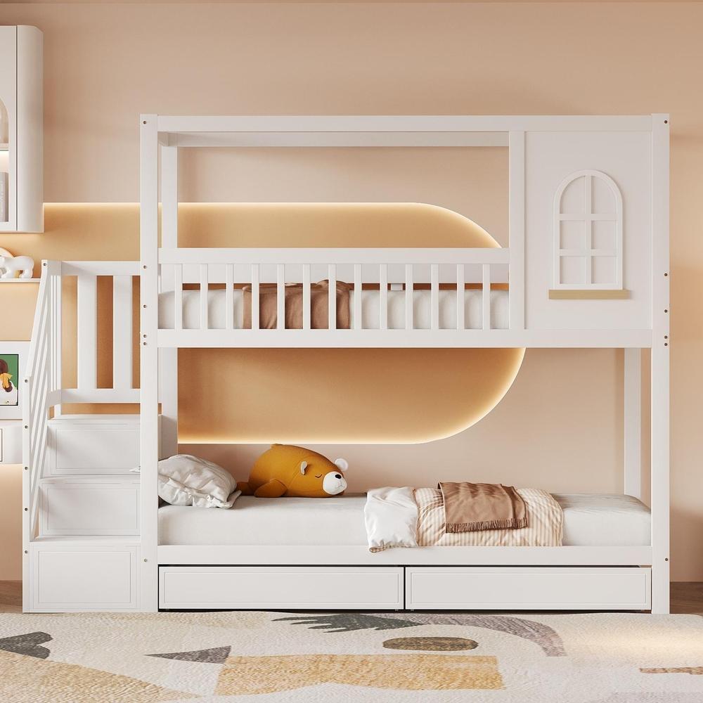 Beliche infantil casa 90x200 branco com gavetas e escada segura