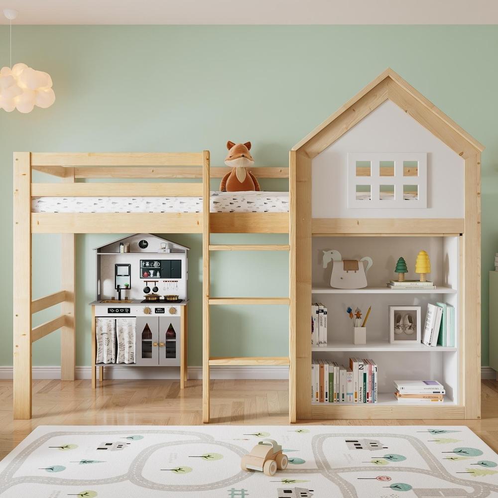 Cama alta infantil 90x200cm, arrumação, gavetas, escada, branco