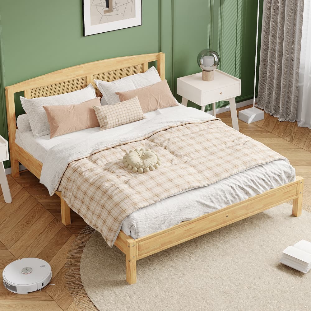 Cama de casal 160x200cm em madeira e ratan cor natural