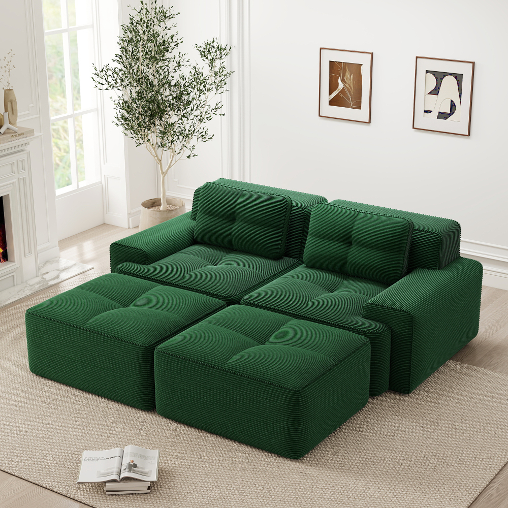 Sofá modular em u em bombazina verde com otomana e assento fundo