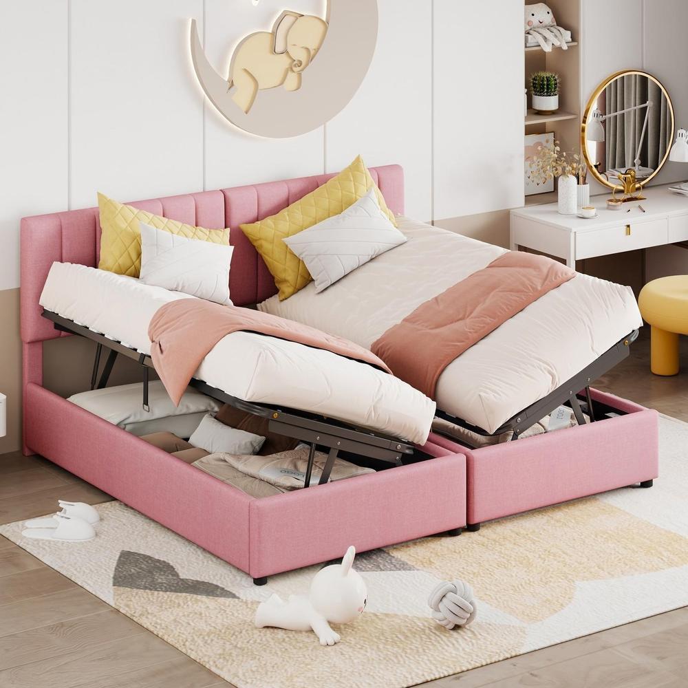 Cama estofada casal 180x200cm hidráulica cabeceira ajustável rosa