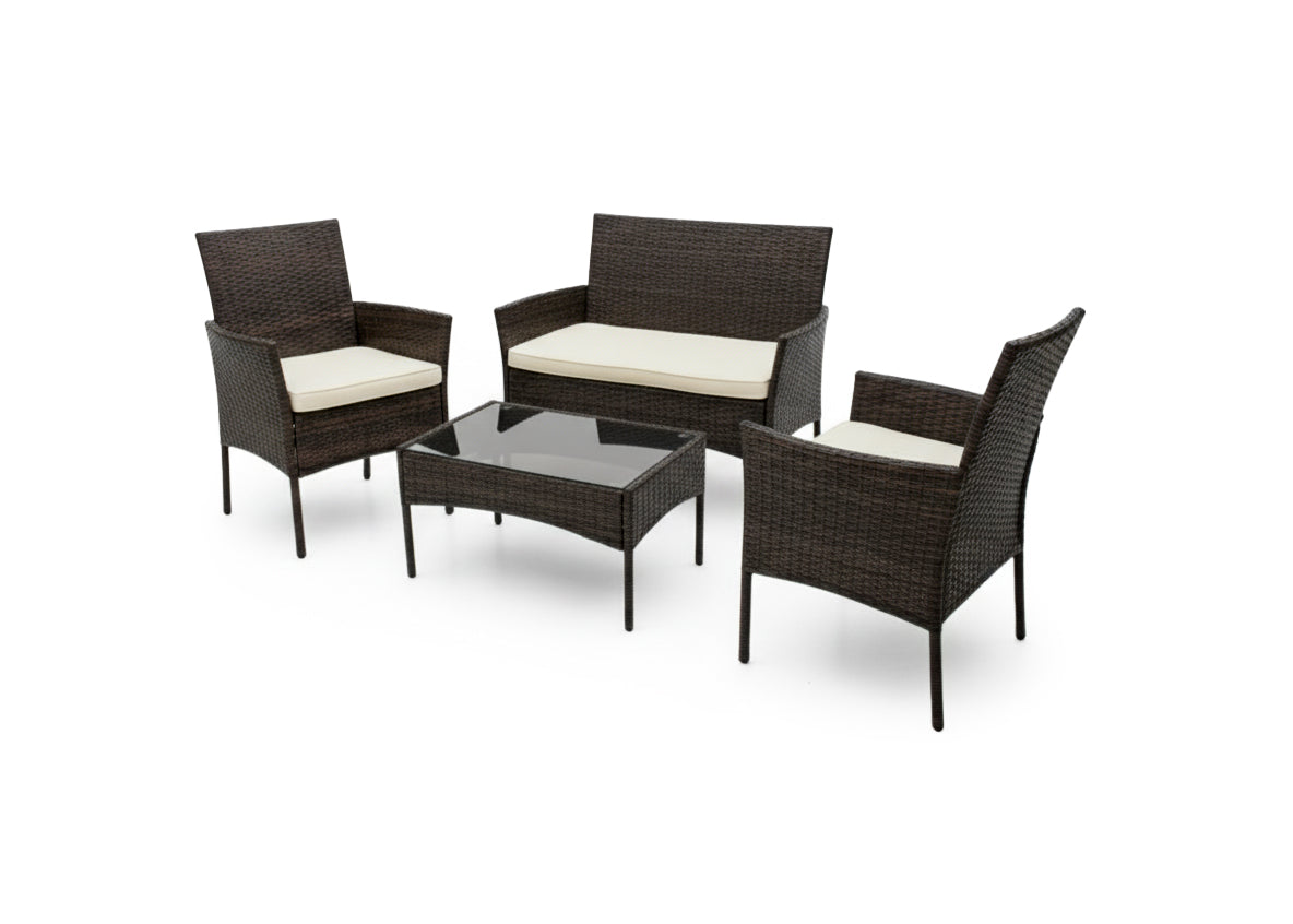 Conjunto de sofá + 2 cadeiras + mesa em rattan pe. Mobiliário para jardim