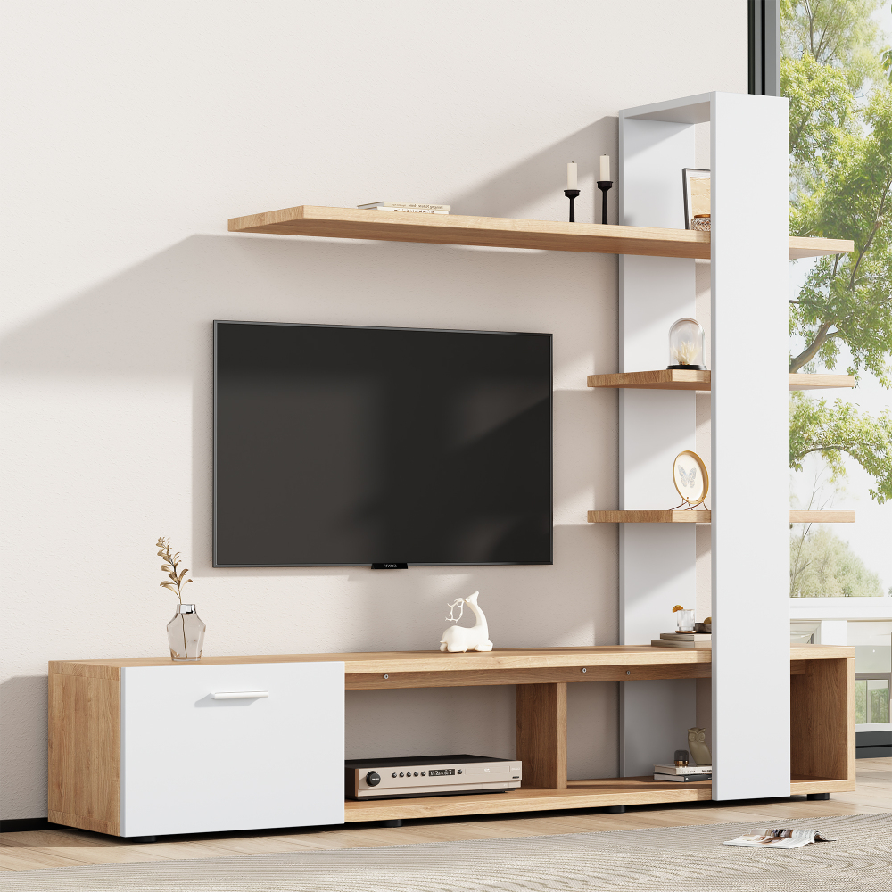 Móvel de tv com estantes branco e madeira 151,5x180x33,5cm