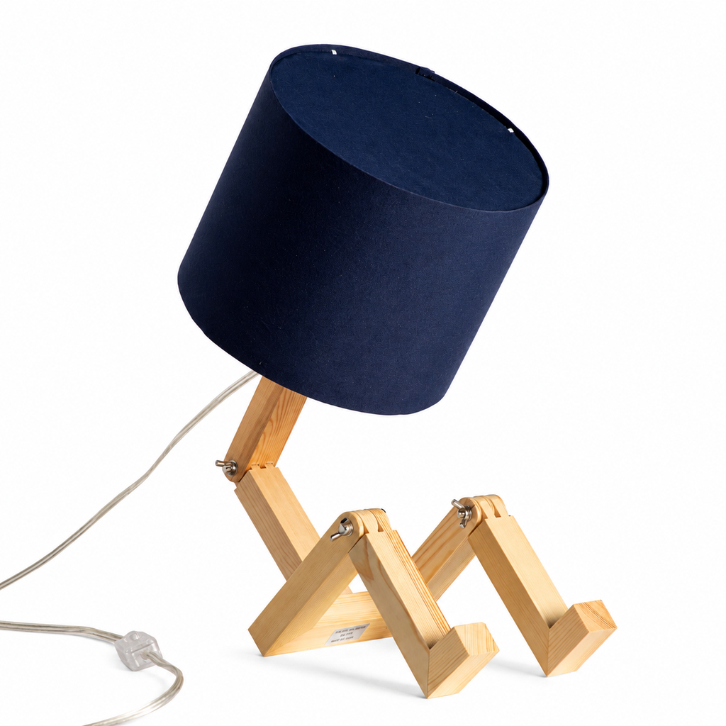 Candeeiro de mesa articulado em madeira com abajur azul marinho E27
