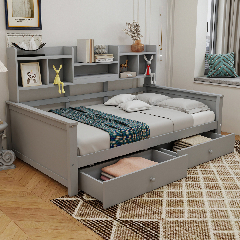 Cama multifuncional 90x200cm com arrumação madeira – cinzento