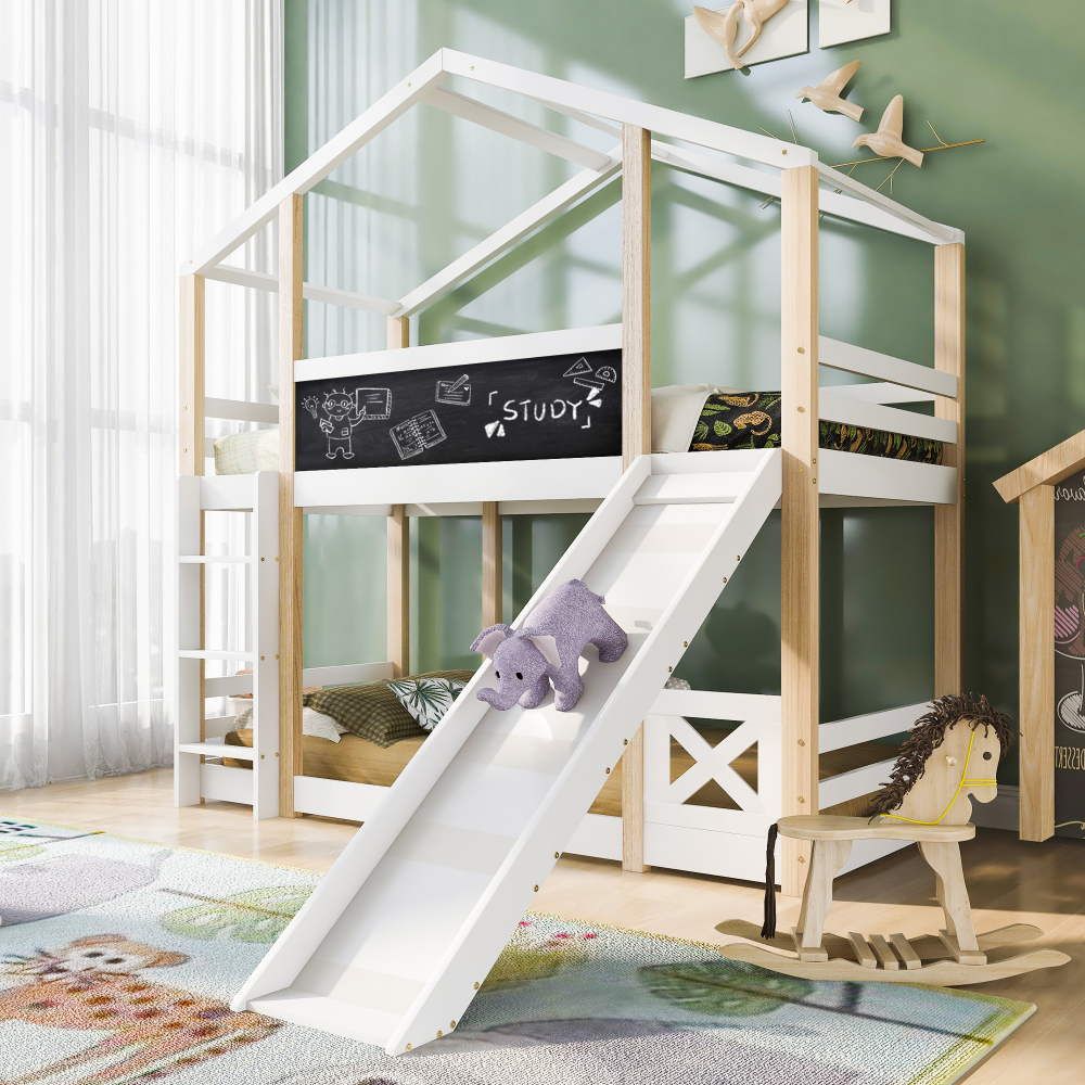 Cama infantil casinha 90x200cm com escorrega e escada madeira branca