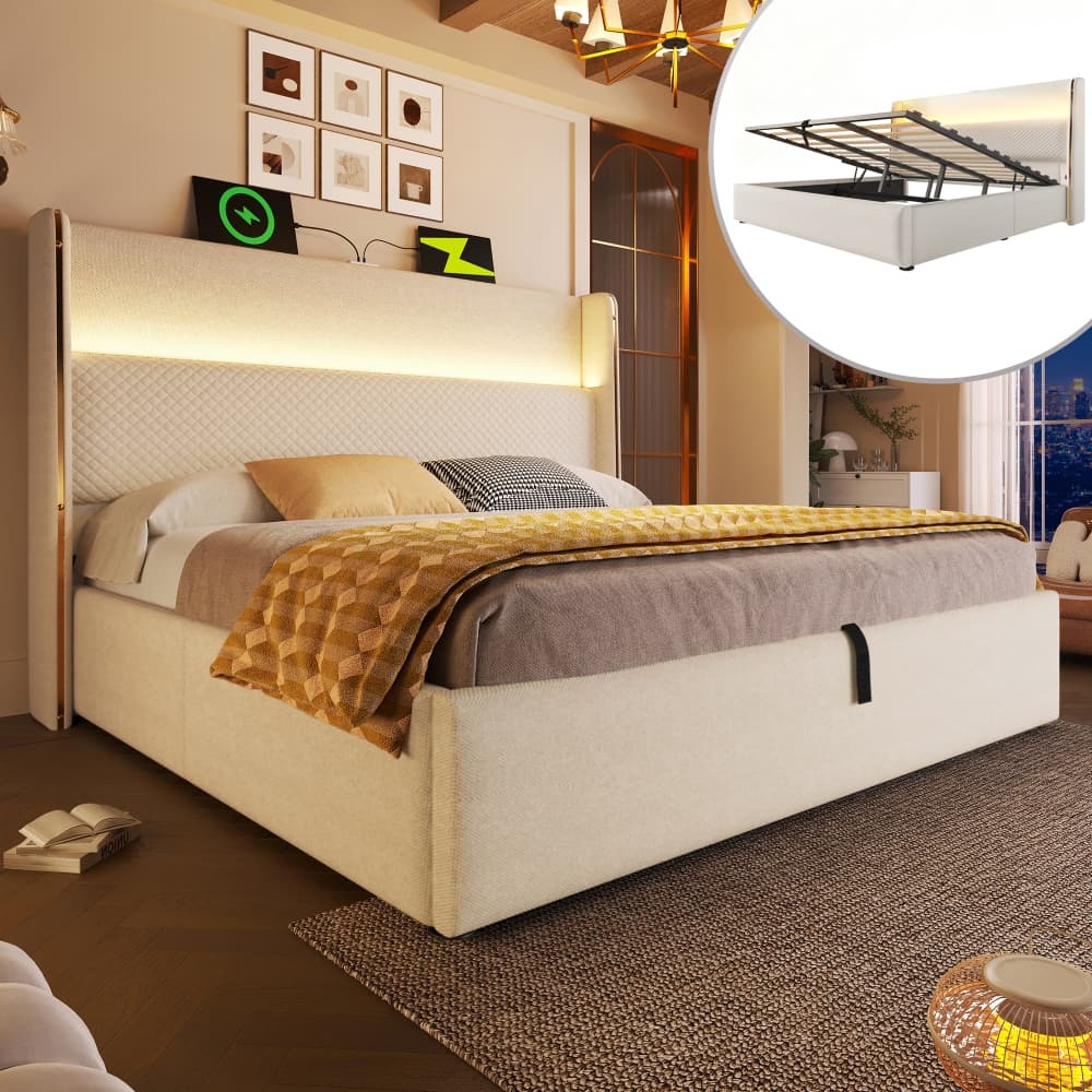 Cama de casal 160x200cm com arrumação cabeceira alta linho – bege