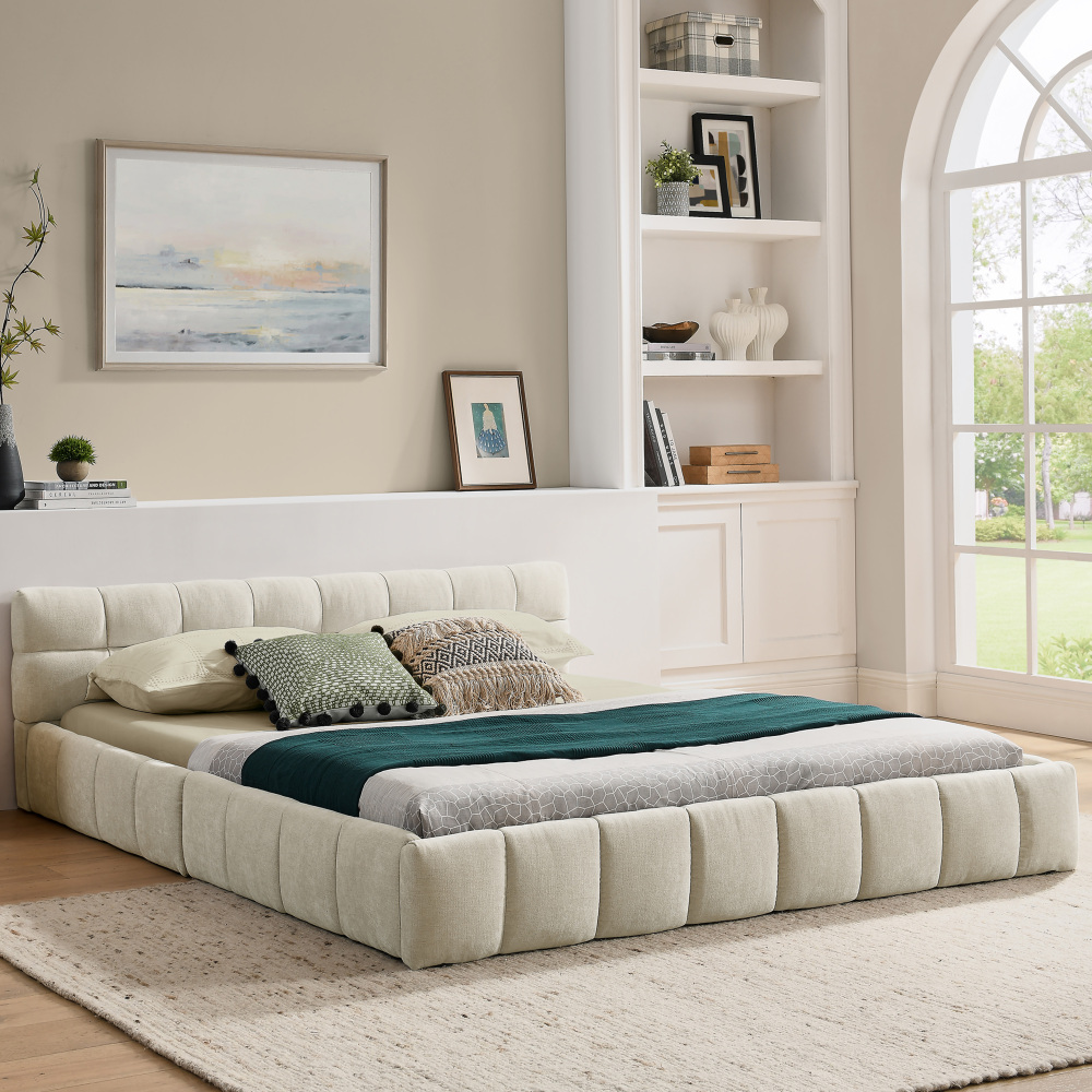 Cama casal 140x200cm estofada chenille estrutura madeira e ferro bege