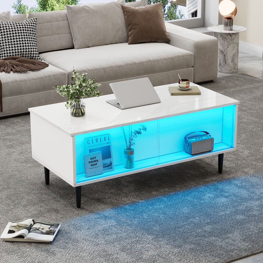 Mesa de centro elevável com LED e arrumação branca 43x105x50cm