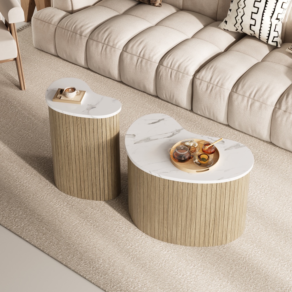 Mesa de centro curva 2 peças mdf natural 38x60x37cm