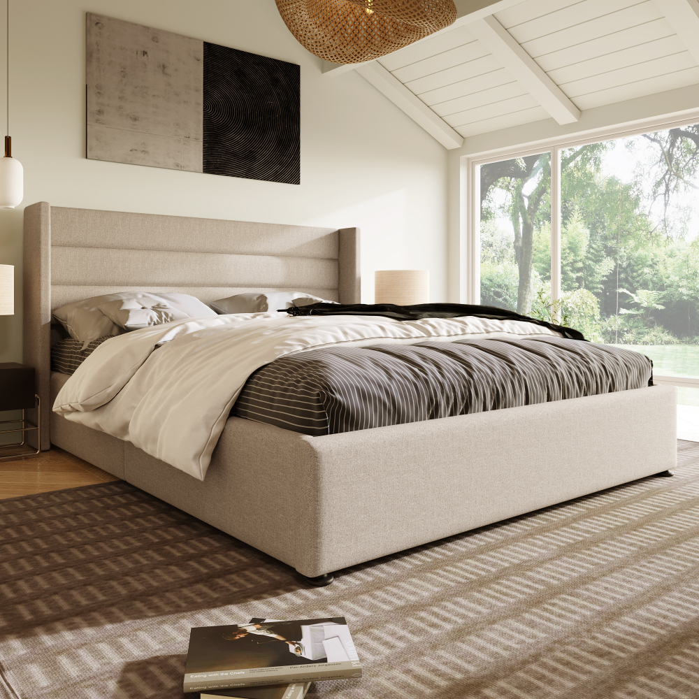 Cama de casal 140x200cm com arrumação hidráulica linho – bege
