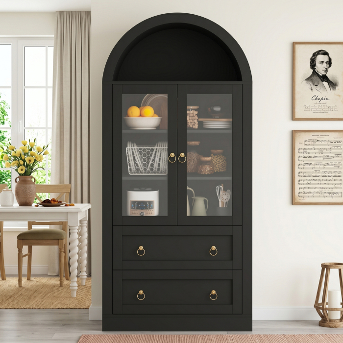 Armário alto em arco com 2 portas de vidro e gavetas preto 170x80x36cm