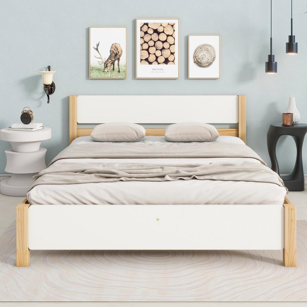 Cama casal 140x200 branca madeira com cabeceira e 15 ripas