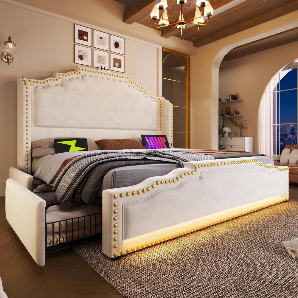 Cama de casal 140x200 cm com 4 gavetas, LED, usb c e estrado bege