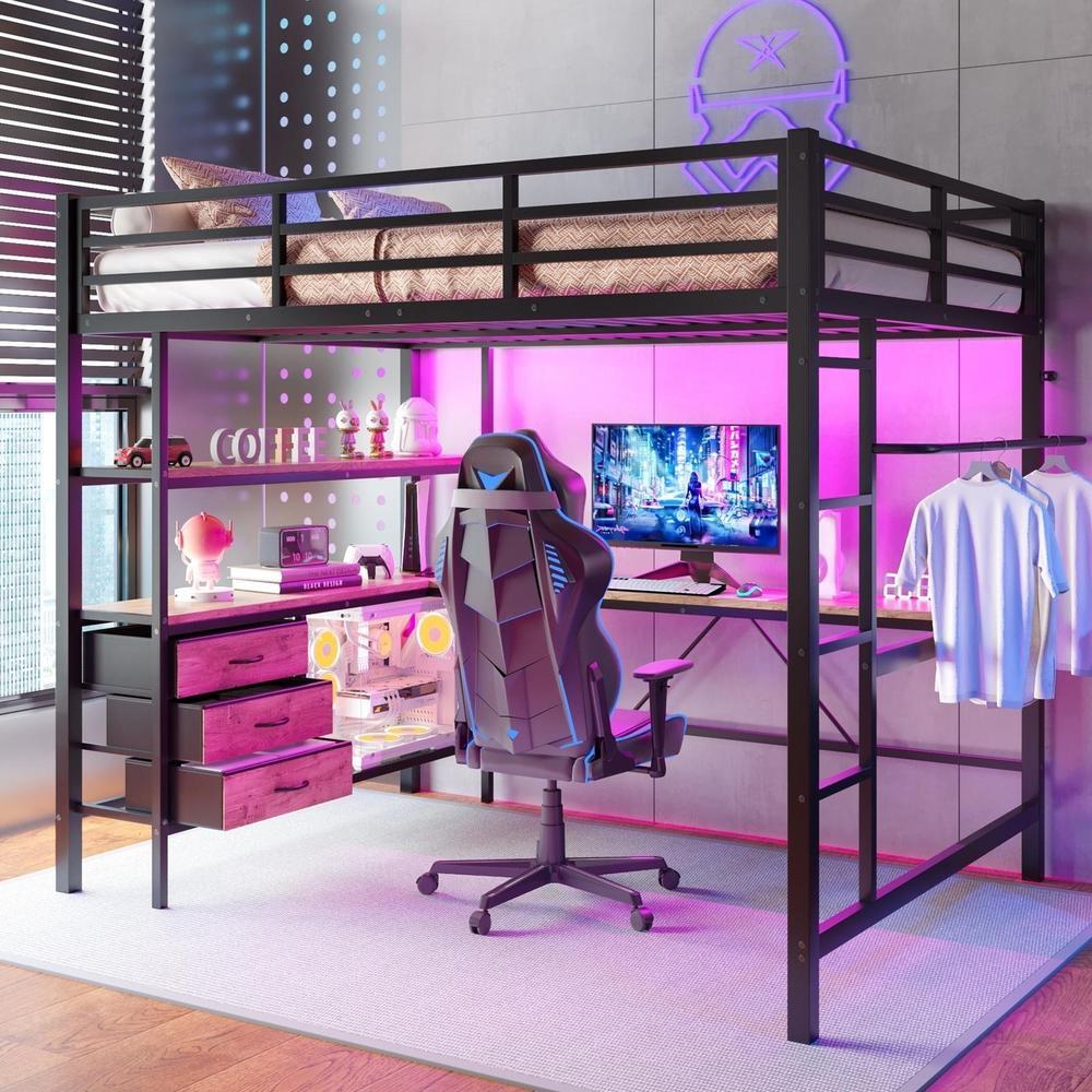 Cama alta 140x200cm com LED, secretária, usb, 3 gavetas, preto