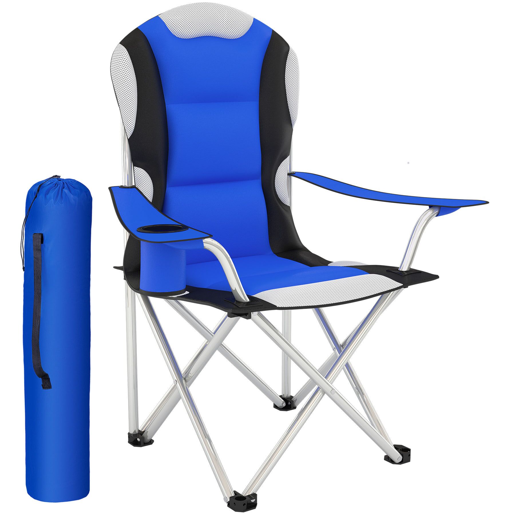 Cadeira de campismo acolchoada e dobrável, com suporte, 60x88x110 cm, azul