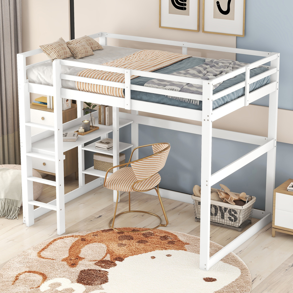 Cama casal 140x200cm com secretária e 4 nichos madeira pinho branca