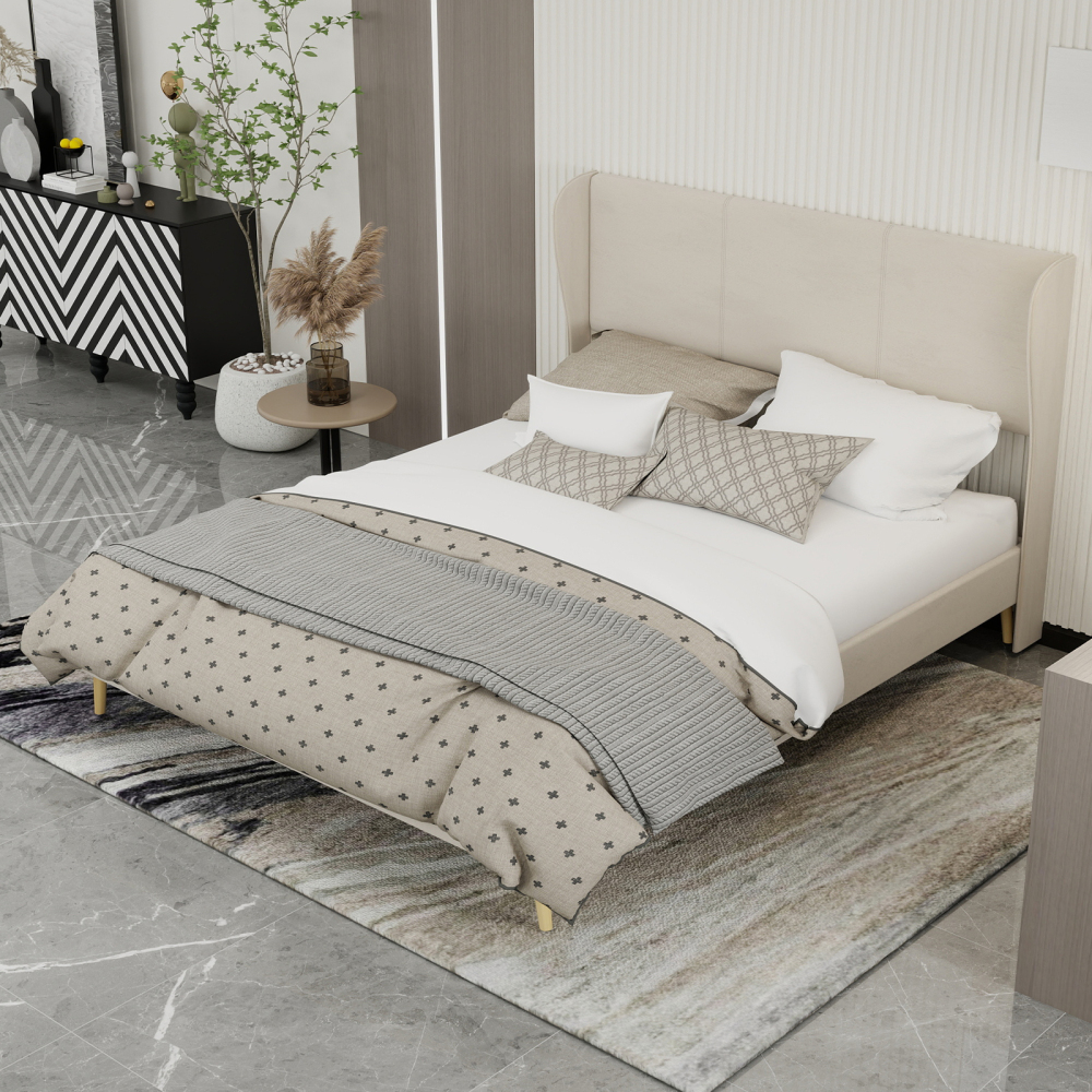 Cama estofada 160x200cm com cabeceira acolchoada tecido – bege