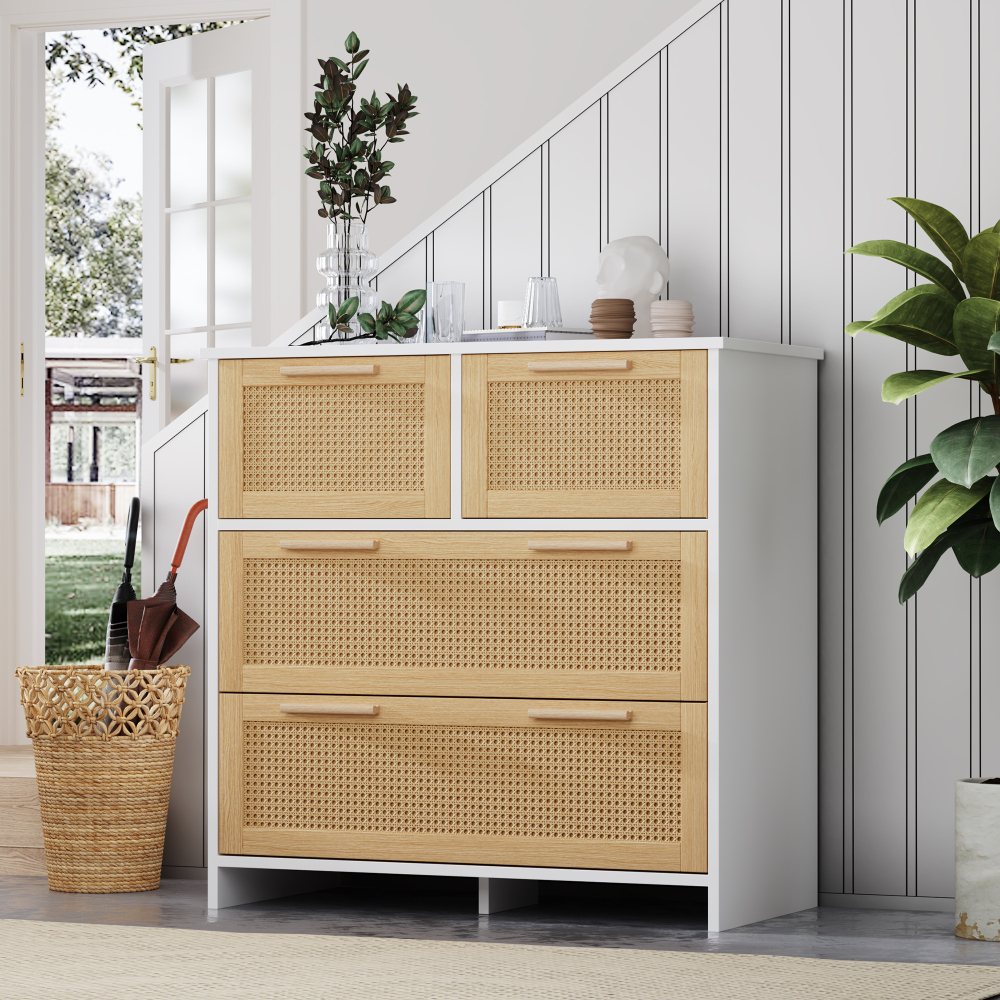 Cômoda rattan com 4 gavetas natural e branco 80x80x38cm