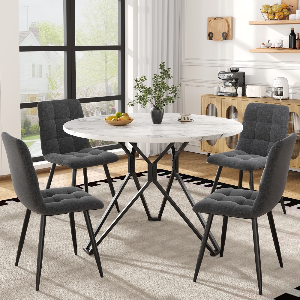 Conjunto mesa de jantar redonda 5 peças mármore preto e cinzento 4 lugares
