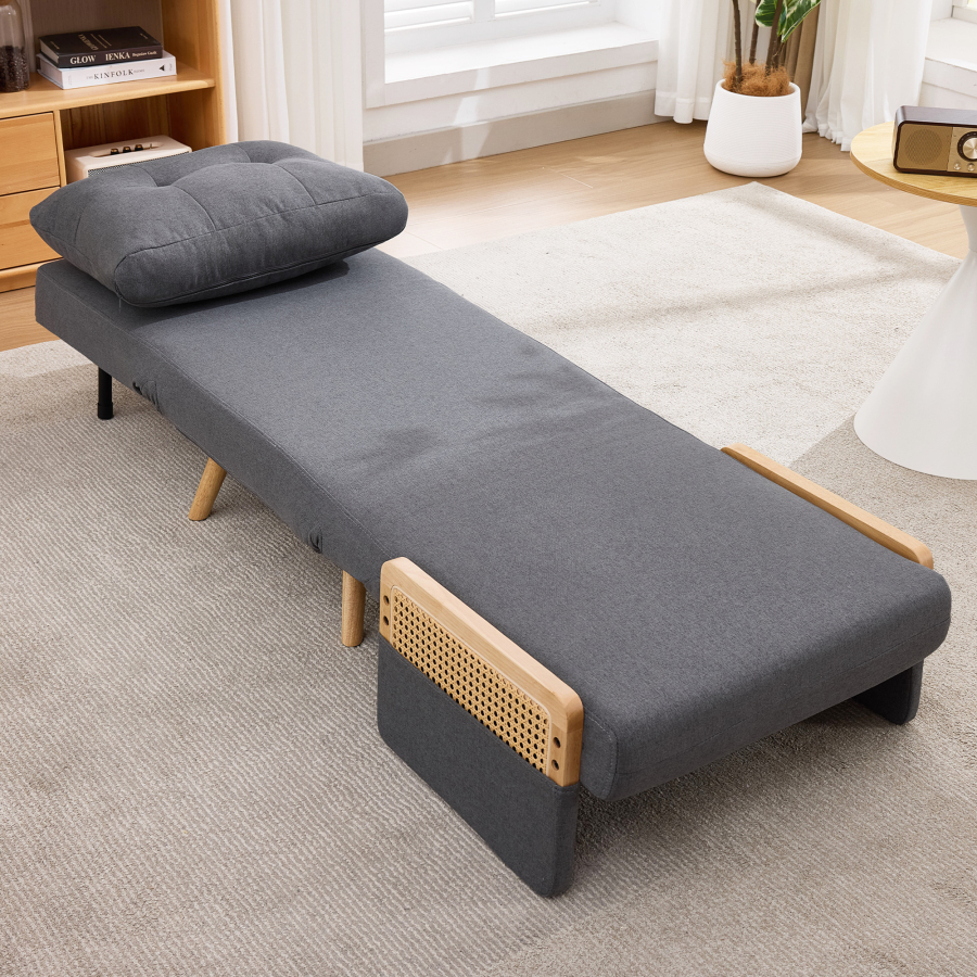 Poltrona cama dobrável em linho cinzento 1 lugar encosto ajustável