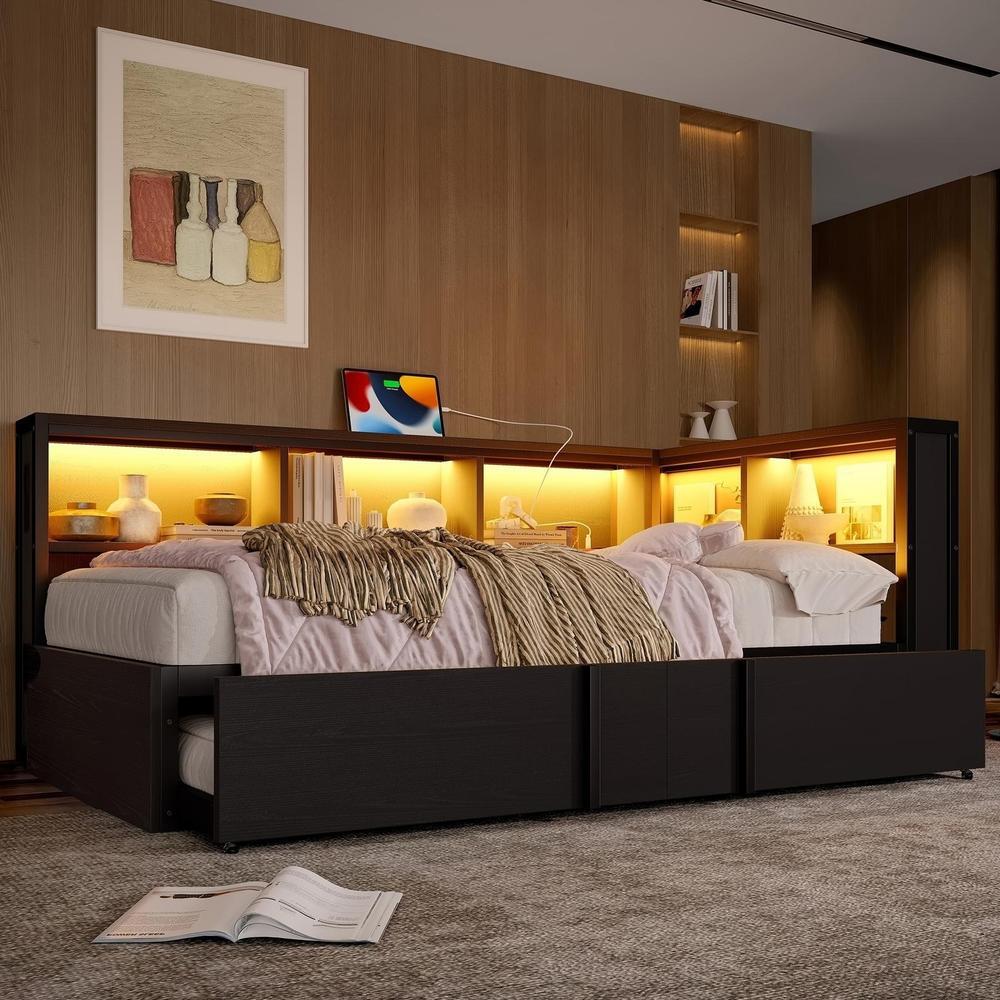 Cama de dia 90x200cm, cama extra, LED, usb, arrumação, preta
