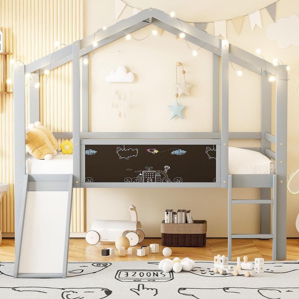 Cama cabana infantil 90x200cm madeira cinza com escorrega