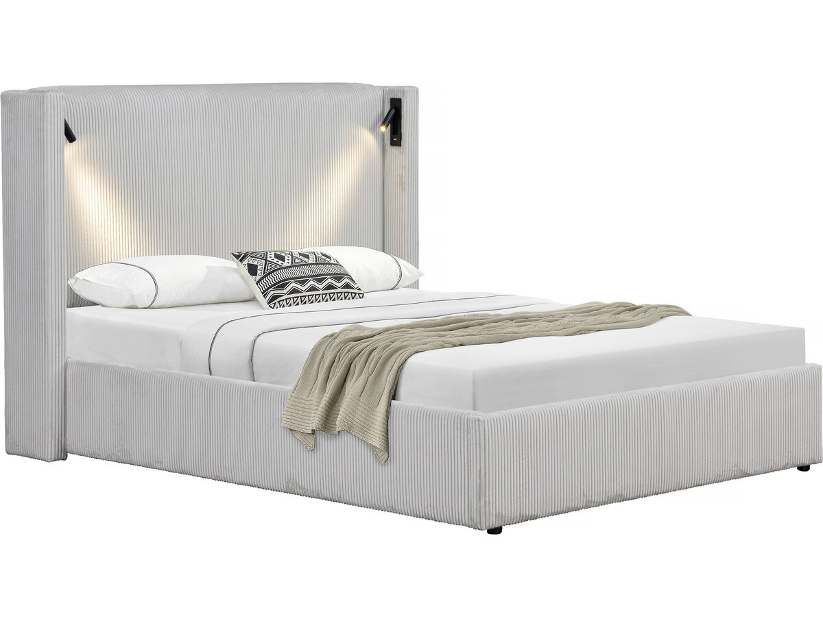Cama de casal em veludo cotelê com cômoda integrada e abajur "cortina" - 16