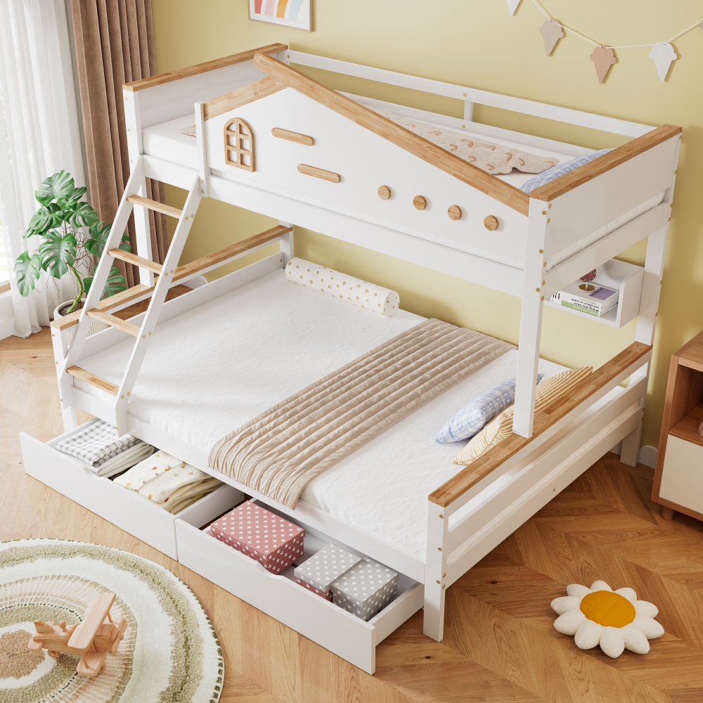 Beliche infantil 90x200cm e 140x200cm com arrumação madeira branco natural