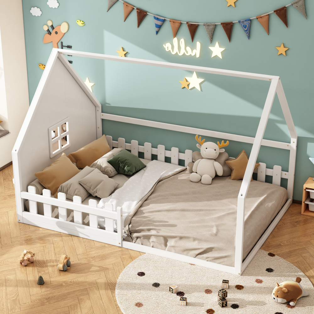 Cama casinha 140x200cm com grade madeira de pinheiro – branco