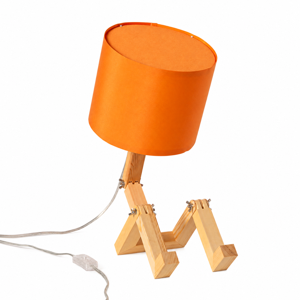 Candeeiro de mesa articulado em madeira com abajur laranja E27