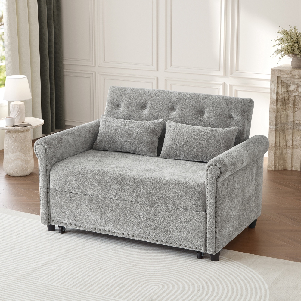 Sofá cama 2 lugares em chenille cinzento com encosto ajustável 3 em 1