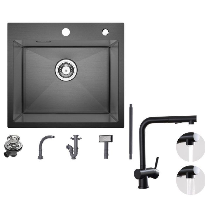 Lavatório de cozinha 1 tigela 50×45cm aço inox preto antracite, misturadora