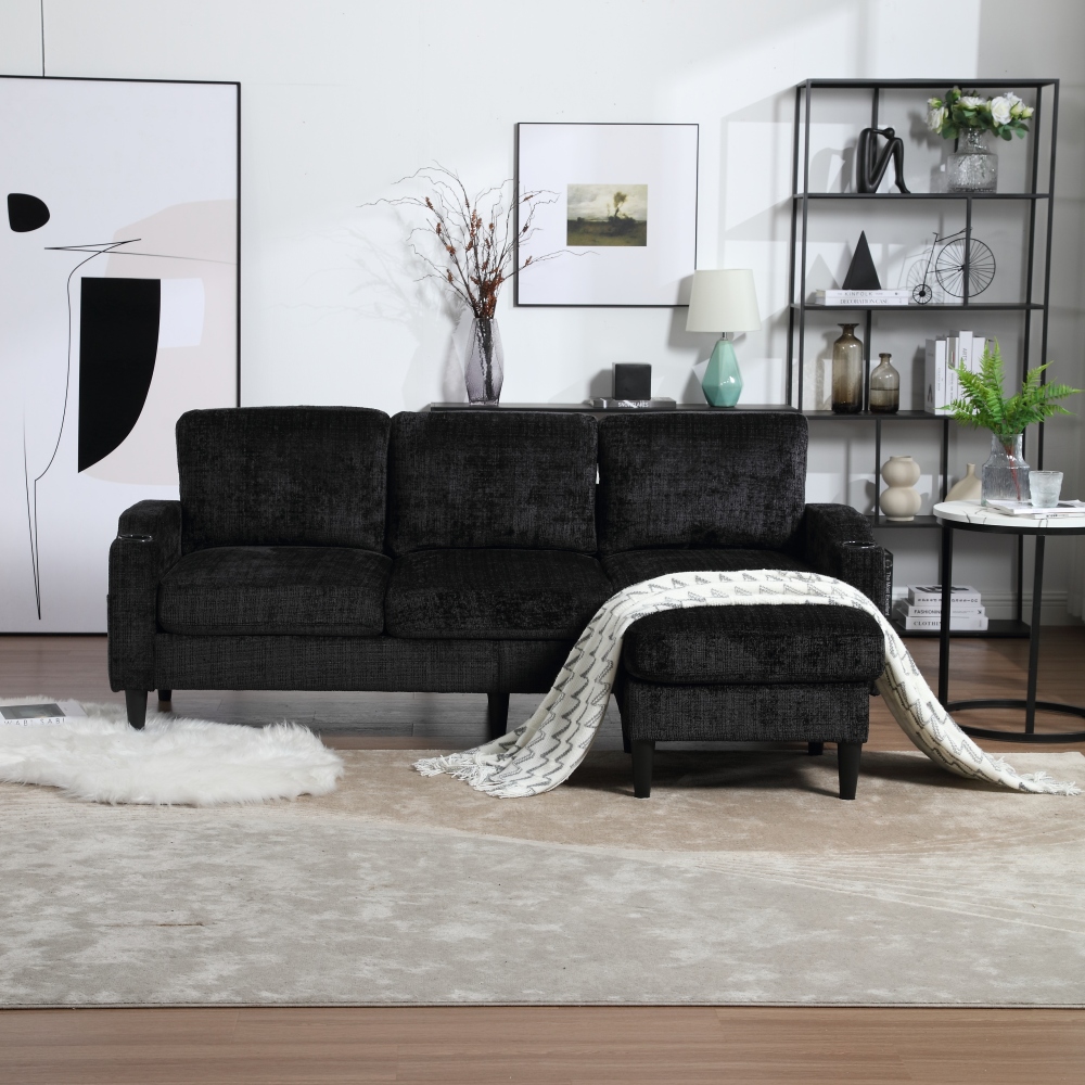 Sofá 4 lugares em chenille preto com pufe arrumação e porta copos