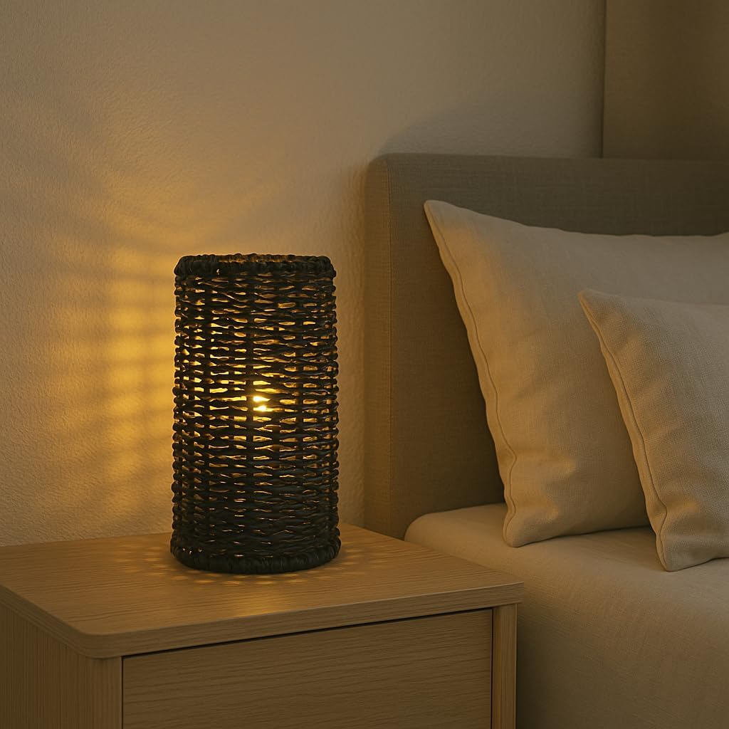 Candeeiro de mesa em vime entrançado, casquilho E27, estilo nórdico natural