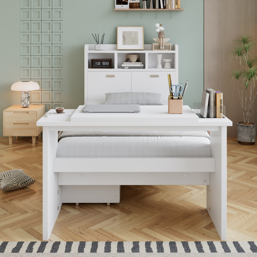 Cama individual 90x200cm com arrumação mesa dobrável madeira – branca