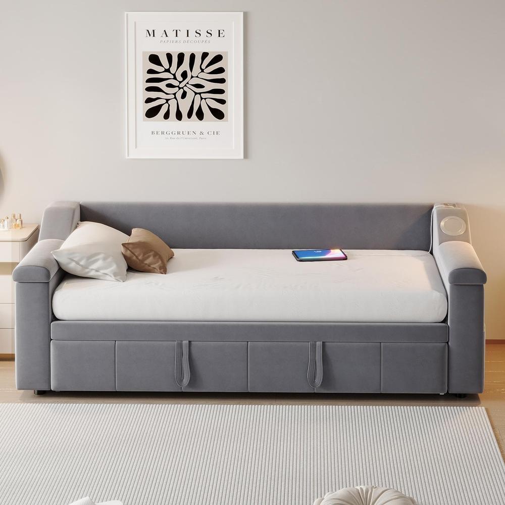 Sofá-cama convertível usb, bluetooth, arrumação 90/180x190cm cinzento