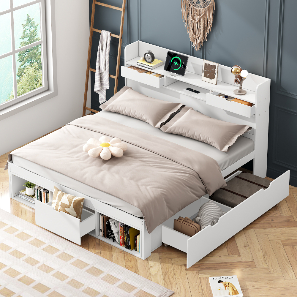 Cama de casal 140x190cm com usb e arrumação mdf e pinho – branco