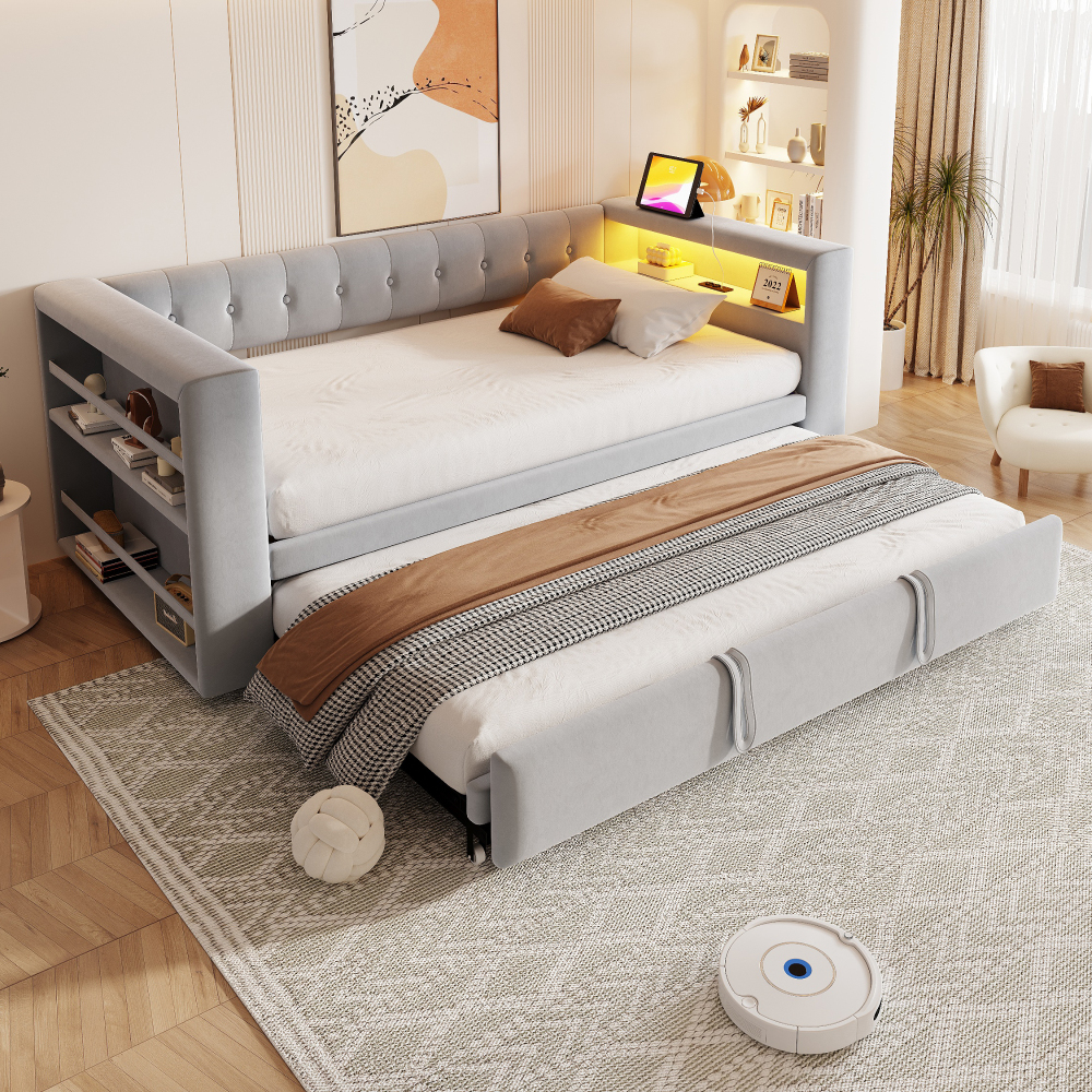 Cama estofada 90/180x190cm com LED, tomadas e arrumação cinzento claro