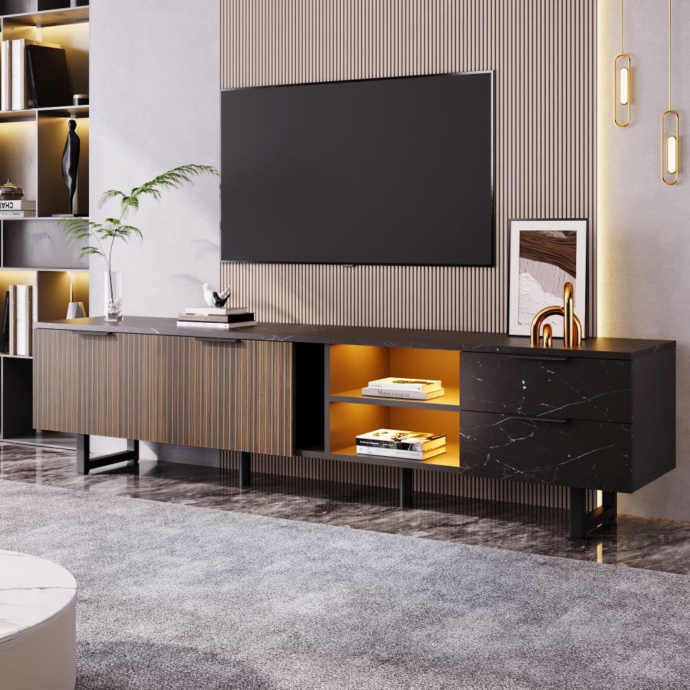 Móvel tv preto e madeira 2 portas 2 gavetas 50x200x38cm