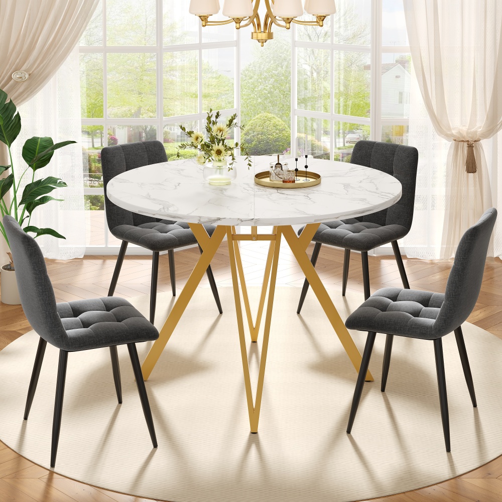 Conjunto mesa de jantar 5 peças redonda 100 cm mármore dourado