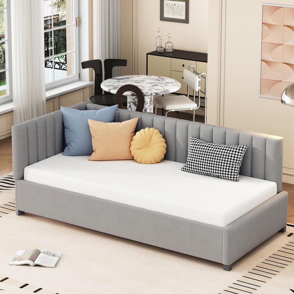 Sofá cama 90x200 cm veludo conversível cabeceira acolchoada cinzento