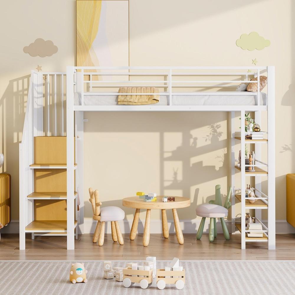 Cama mezanino 90x200cm com escada, armário e guarda-corpo, branco