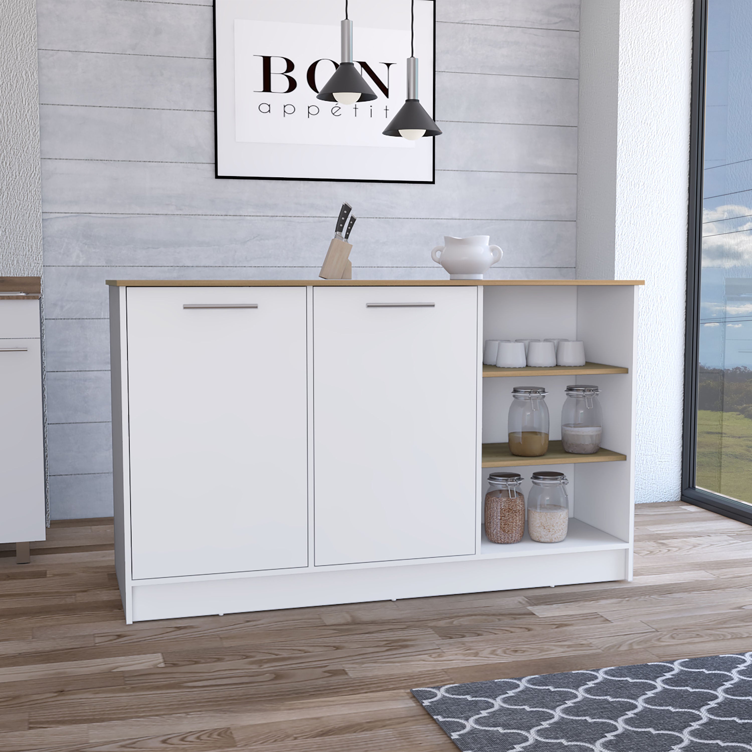 Ilha de cozinha ginger em melamina com 7 prateleiras e 2 portas