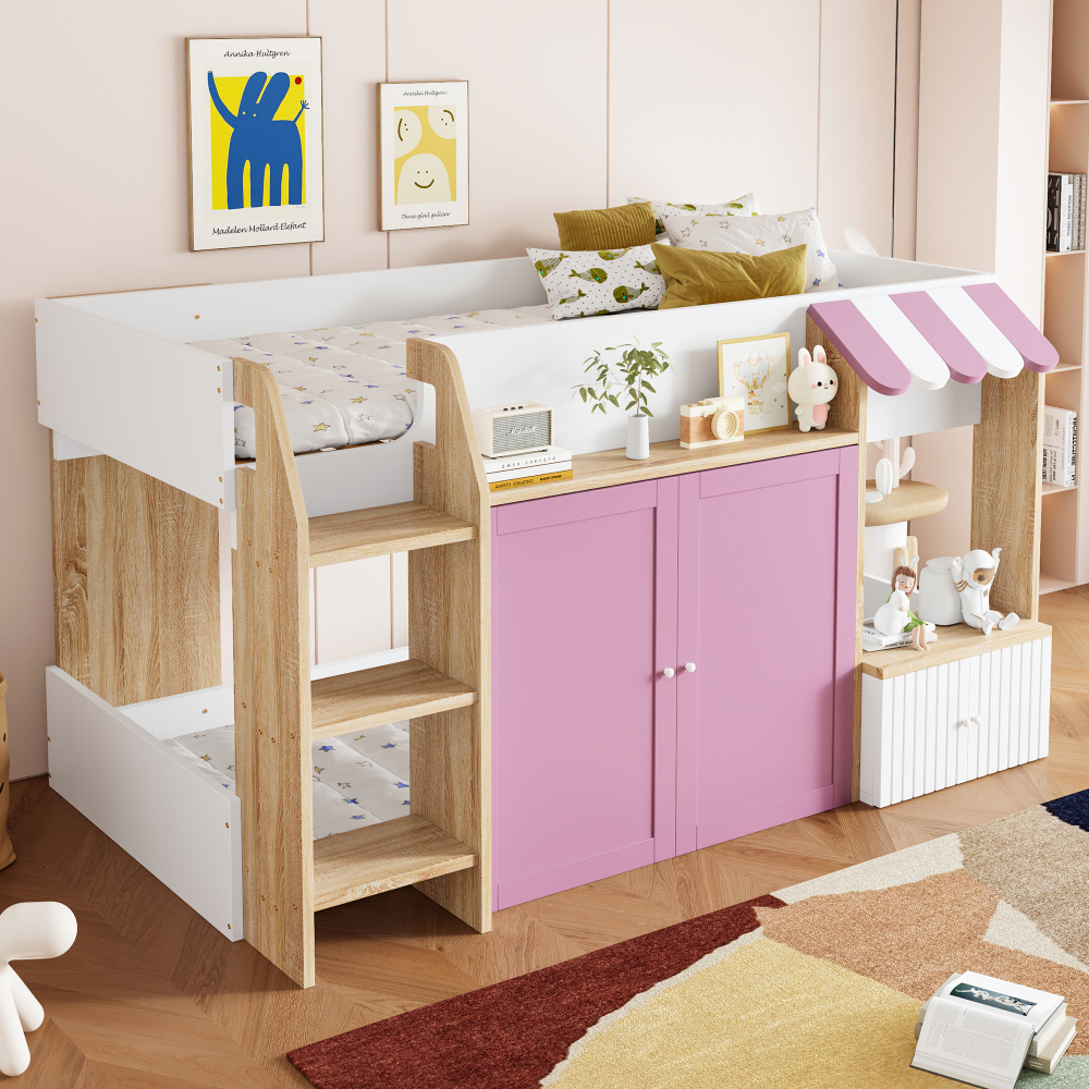 Cama casinha 90x200cm com escada e arrumação madeira – rosa e branco