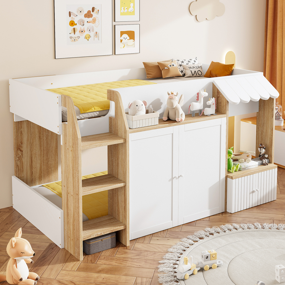 Cama infantil casinha 90x200cm com arrumação e escada madeira cor branco