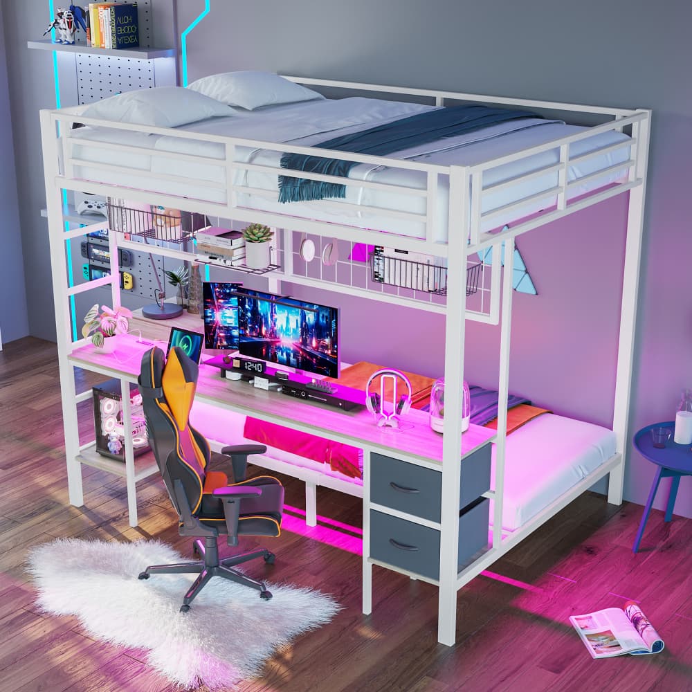 Cama alta com secretária e arrumação metal 140x200 cor branco