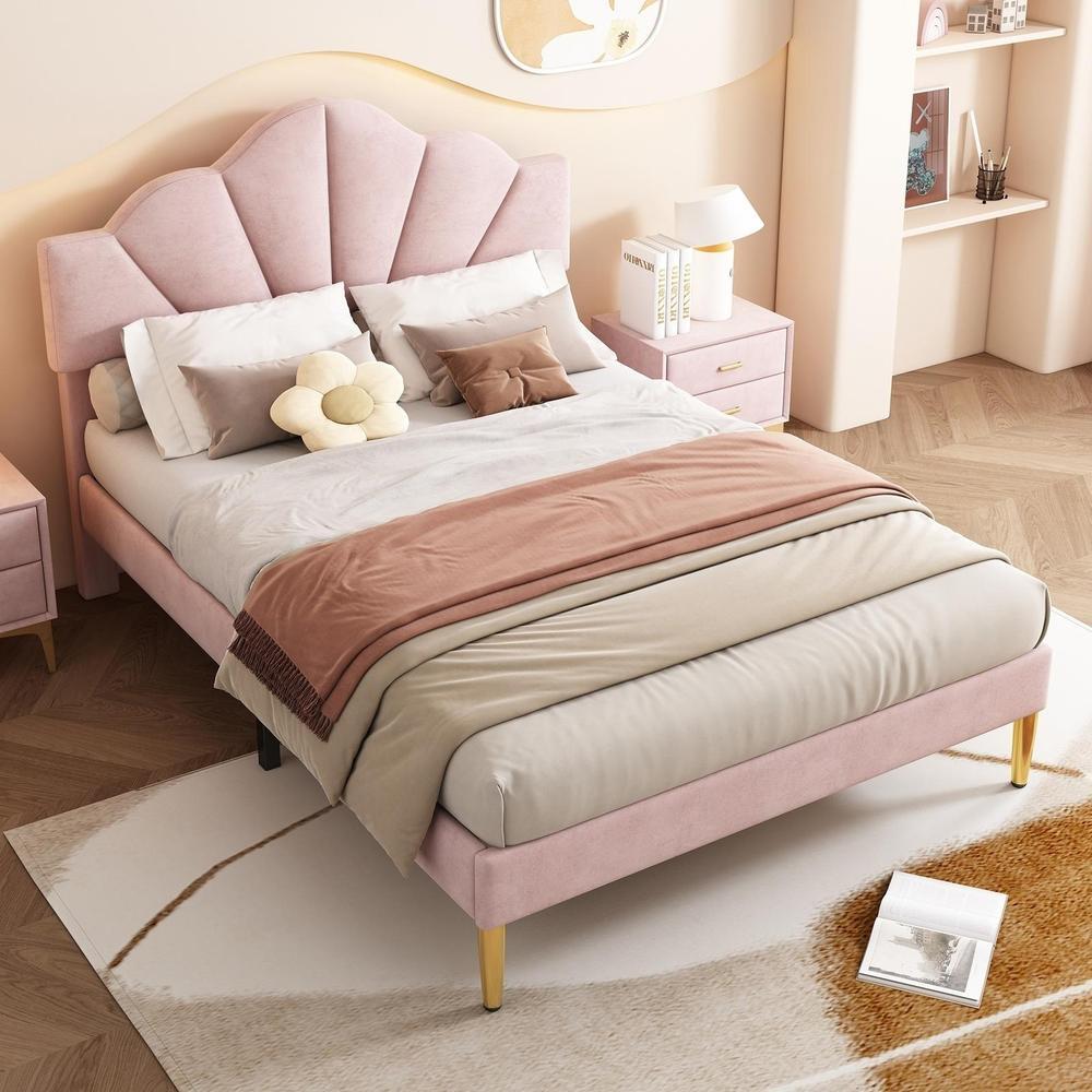 Cama casal 140x190cm veludo capitonê pés dourados ajustável rosa