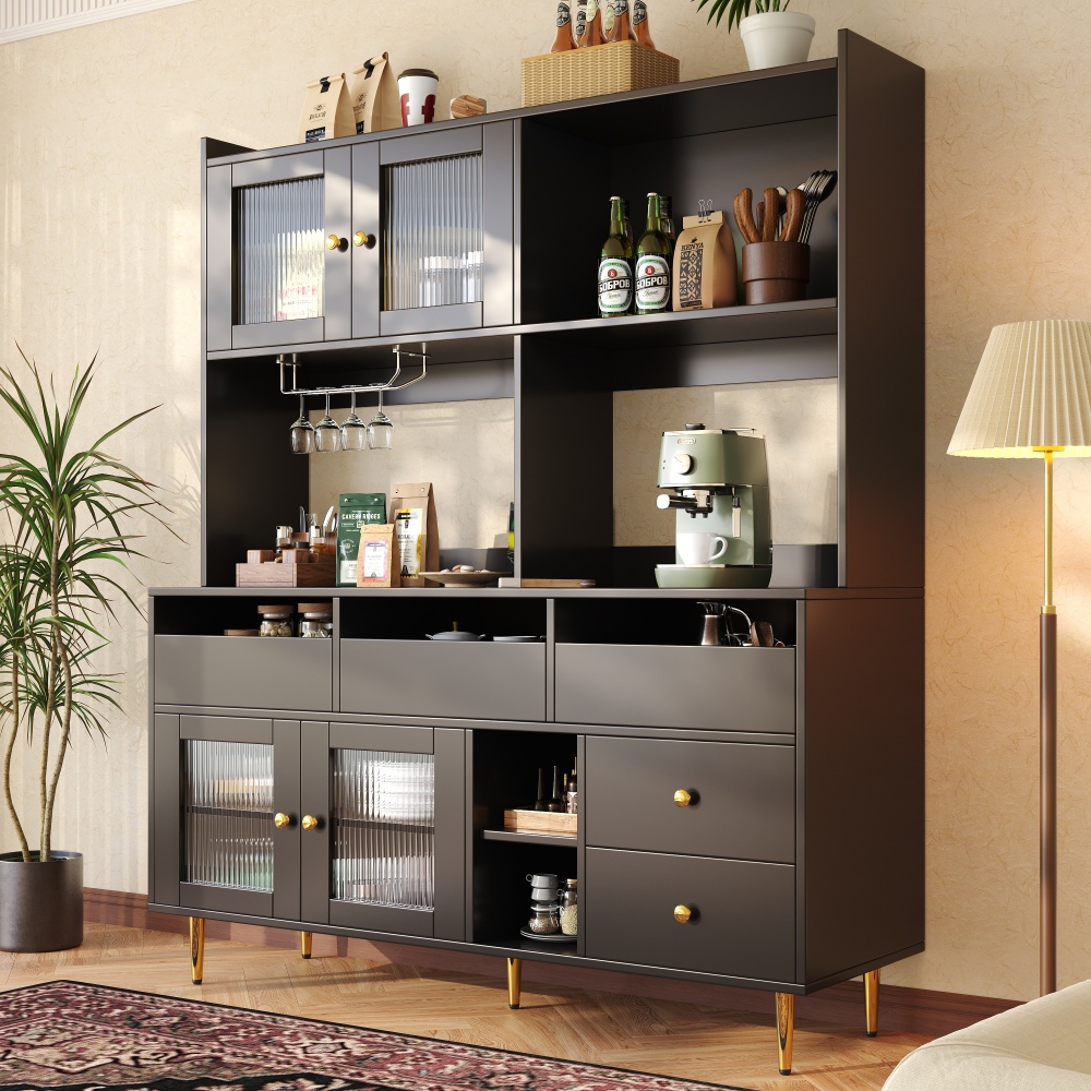 Aparador alto mdf preto vidro canelado garrafeira 145x39x171cm